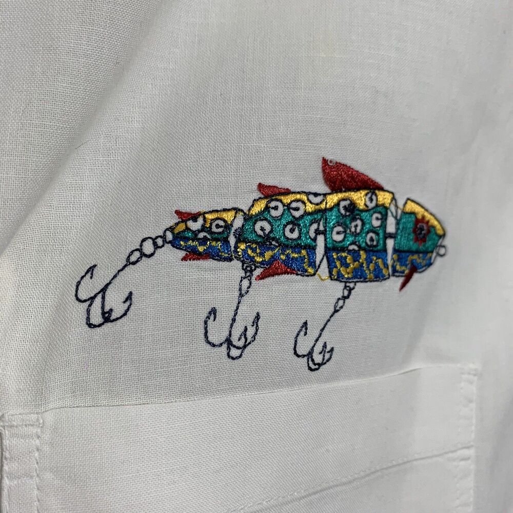 Vtg Columbia Fish Embroidered Shirt Button Front Short Sleeve Sz 2XL USA Lure - Picture 4 of 8